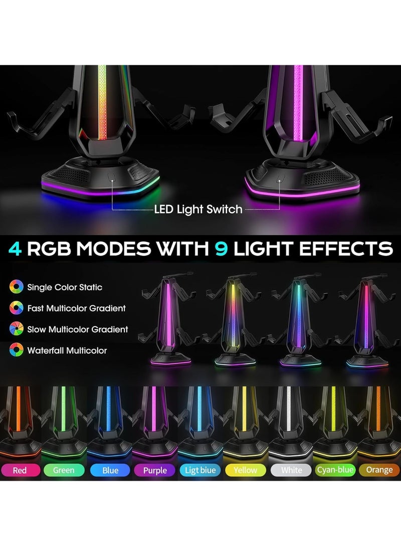 epicarma حامل سماعات RGB مع 9 تأثيرات ضوئية و 2 منفذ شحن USB - حامل وحدة التحكم للمكتب - حامل سماعات رأس و خطاف وحدة تحكم قابل للفصل لإعداد غرفة الألعاب على الكمبيوتر - Image 5
